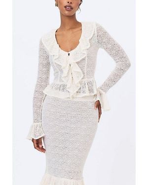 Miss Circle Urva Crochet Ruffle Front Button Top - White