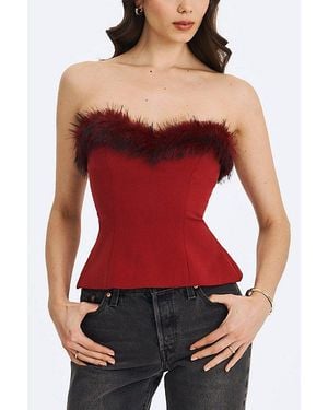 Miss Circle Ivette Faux Fur-Trimmed Peplum Top - Red