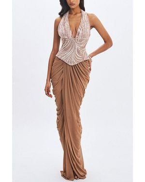 Miss Circle Nancie Beaded Halter Peplum Pleated Maxi Dress - Orange