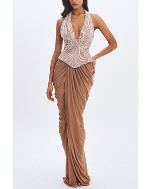 Miss Circle Nancie Beaded Halter Peplum Pleated Maxi Dress - Orange