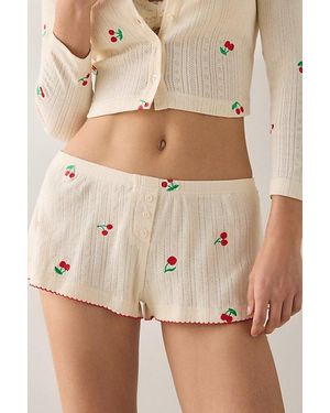 JACQUIE THE LABEL Yara Cherry Embroidered Pointelle Lounge Shorts - Natural