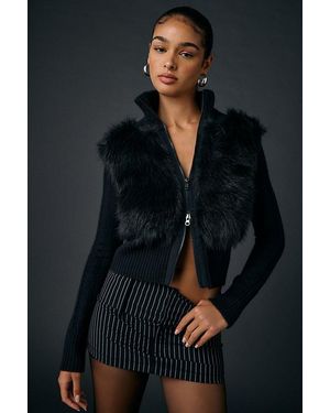 BDG Tori Faux Fur Trim Zip-Up Sweater Jacket - Black