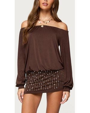 Edikted Studded Off Shoulder Backless Romper - Brown