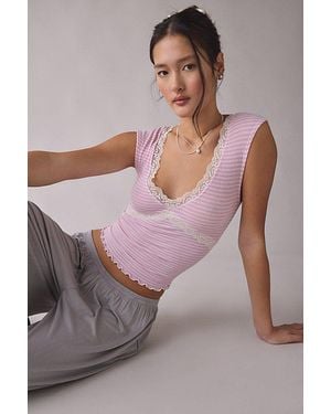 Out From Under Diana Plunging Lace Trim Cap Sleeve Top - Gray