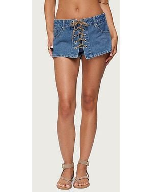 Edikted Olivera Lace Up Denim Mini Skort - Blue