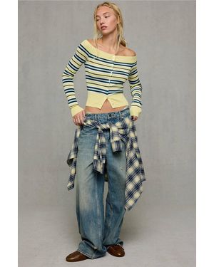 BDG Winterberry Off-shoulder Stripe Button-through Top - Blue