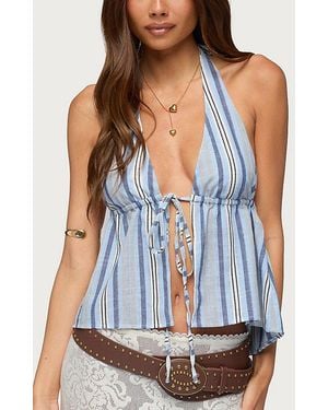 Edikted Galee Tie Front Linen Look Top - Blue