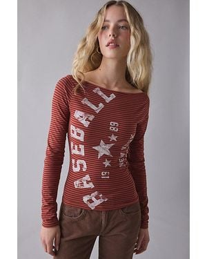 Urban Outfitters Varsity Sports Graphic Boatneck Long Sleeve Slim Tee - Red