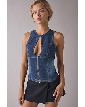 Urban Outfitters Uo Nicola Plunging Keyhole Cutout Zip-Front Denim Vest Top Jacket - Blue