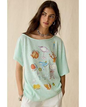 BDG Courtney Salt Air Seaside Graphic Off-The-Shoulder Oversized Tee - Blue