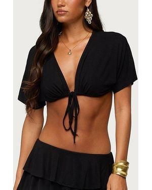 Edikted Micky Tie V Neck Crop Top - Black