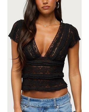 Edikted Avalee Sheer Lace V Neck Top - Black