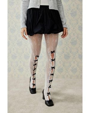 Out From Under Bow Cut-out Lace Tights - Black