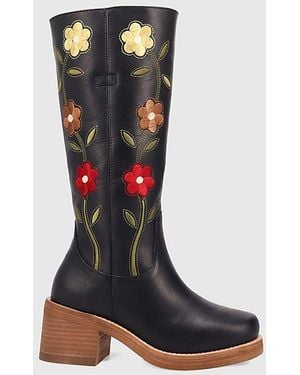 Dingo Bloom Embroidered Leather Boot - Black