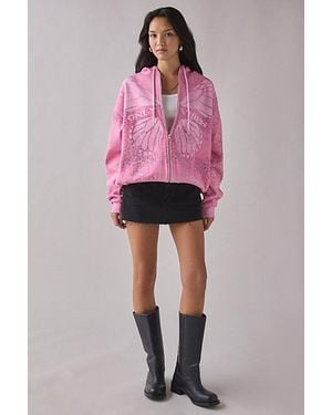 Urban Outfitters Leopard Print Butterfly Graphic Oversized Zip-Up Hoodie Sweatshirt - Pink