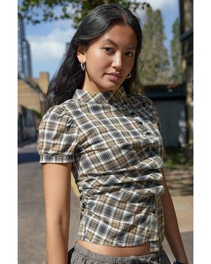 Silence + Noise Silence + Noise Cleo Check Asymmetric Button Blouse - Grey