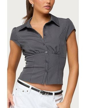 Edikted Juney Pinstripe Tailored Button Up Shirt Top - Gray