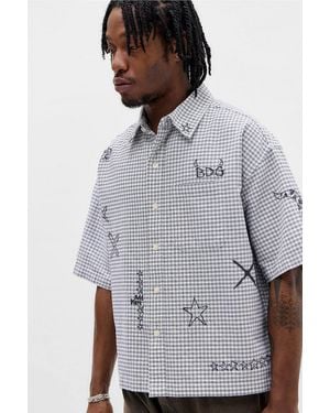 BDG Arlo Doodle Check Short Sleeve Shirt - Grey