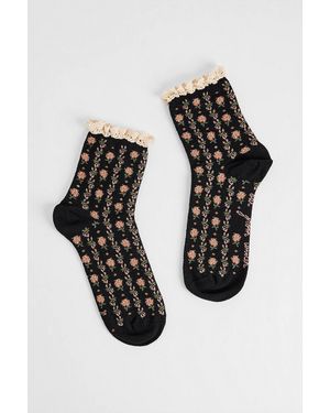 Out From Under Floral Knit Trim Socks - Black