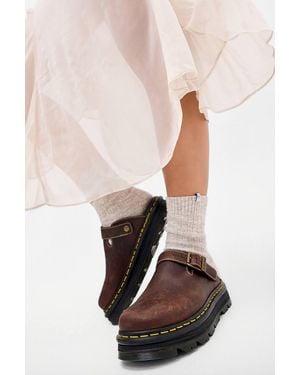 Dr. Martens Dark Brown Zebzag Crazy Horse Leather Mules - Pink