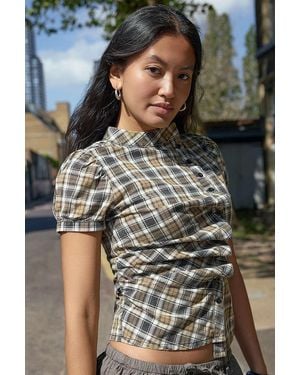 Silence + Noise Silence + Noise Cleo Check Asymmetric Button Blouse - Grey