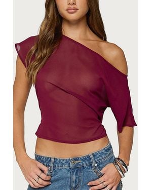 Edikted Noria Sheer Chiffon Off Shoulder Top - Red