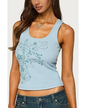 Edikted Veila Rhinestone Ribbed Graphic Tank Top - Blue