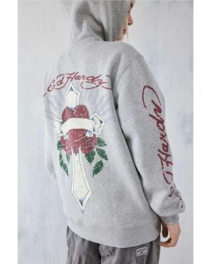 Ed Hardy Uo Exclusive Heart & Cross Oversized Zip-up Hoodie - Grey