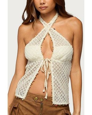 Edikted Sheer Net Sequin Split Front Top - Natural