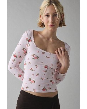 BDG Andie 3/4 Sleeve Square Neck Cropped Tee Top - Gray