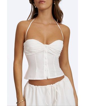 Miss Circle Waverly Cotton Poplin Button-Front Sweetheart Halter Top - White