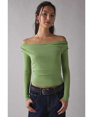 Urban Outfitters Uo Fia Mesh Long Sleeve Off-The-Shoulder Crop Top - Green