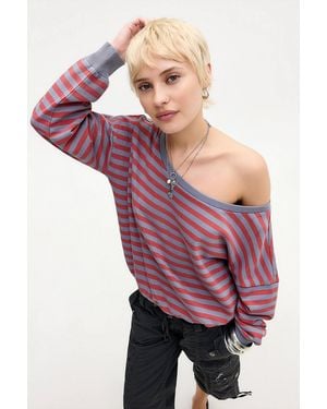 BDG Kurt Stripe Off-shoulder Sweatshirt Xs At Urban Outfitters - Pink