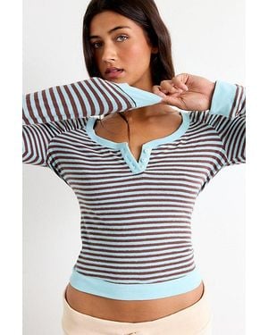 Out From Under All Nighter Striped Long Sleeve Henley Tee - Blue