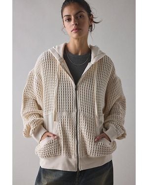 BDG Field Day Waffle Knit Zip-Up Hoodie Sweatshirt - Brown