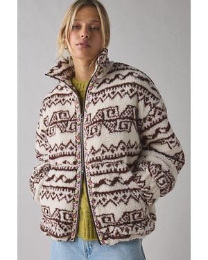 BDG Mae Printed Piled Fleece Zip-Up Jacket - Gray