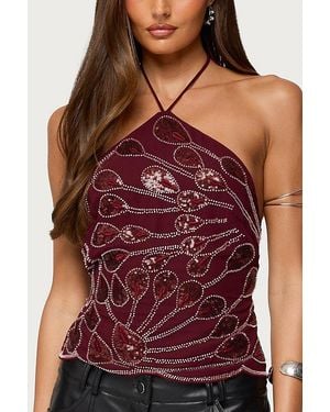 Edikted Embroidered Bead & Sequin Halter Top