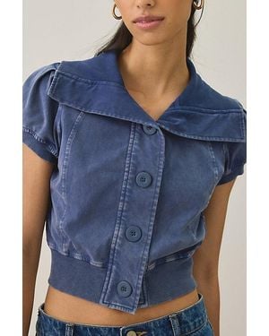 BDG Library Flirt Knit Short Sleeve Button-Down Top - Blue