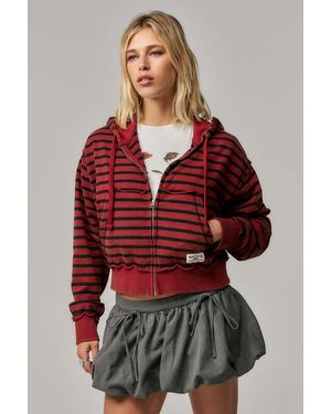 BDG Slouch Stripe Zip-through Hoodie - Red