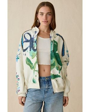 BDG Dusty Embellished Bloom Graphic Oversized Zip-Up Hoodie Sweatshirt - Green