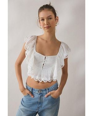 Kimchi Blue Mariposa Tie-Back Ruffle Cropped Blouse - Blue