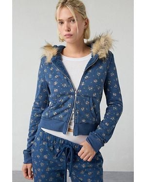 Out From Under Bundle Up Faux Fur Trim Zip-Up Hoodie Sweatshirt - Blue