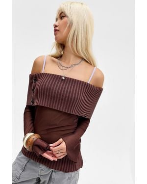 Urban Outfitters Uo Jaea Knit Mesh Bardot Top - Brown