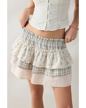 Daisy Street Mixed Print Ruffle Mini Skirt - Grey