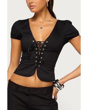 Edikted Kyleigh Puff Sleeve Lace Tie Top - Black