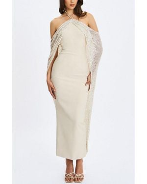 Miss Circle Quimera Beaded Cape Halter Maxi Dress - White