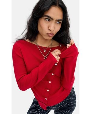 BDG Lumi Button-up Pleated Asymmetric Placket Top - Red