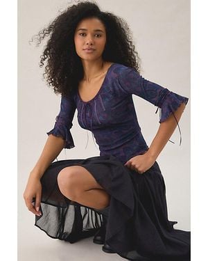 Kimchi Blue Kristy Ribbon Trim Mesh 3/4 Sleeve Top - Blue