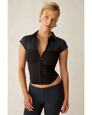 Urban Outfitters Uo Polly Hybrid Slim Short Sleeve Button-Front Shirt Top - Black