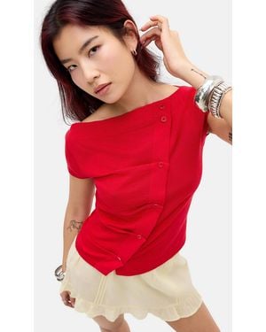 BDG Rue Slash Neck Asymmetric Button Fine Knit Top - Red